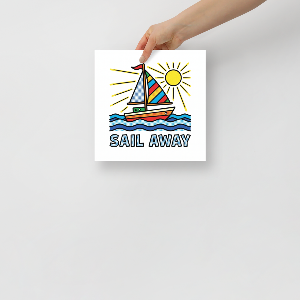 'Pop Art Sail Away' — a Pop art print. A pop art style illustration of a brightly colored sailboat on blue waves under a yellow sun with the text SAIL AWAY, perfect for a Bathroom or Sunroom.