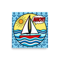 'Pop Art Ahoy' — a Pop art print. A pop art style illustration of a sailboat on waves with a speech bubble saying AHOY! set against a background of repeating blue anchors, perfect for a Bathroom or Sunroom.
