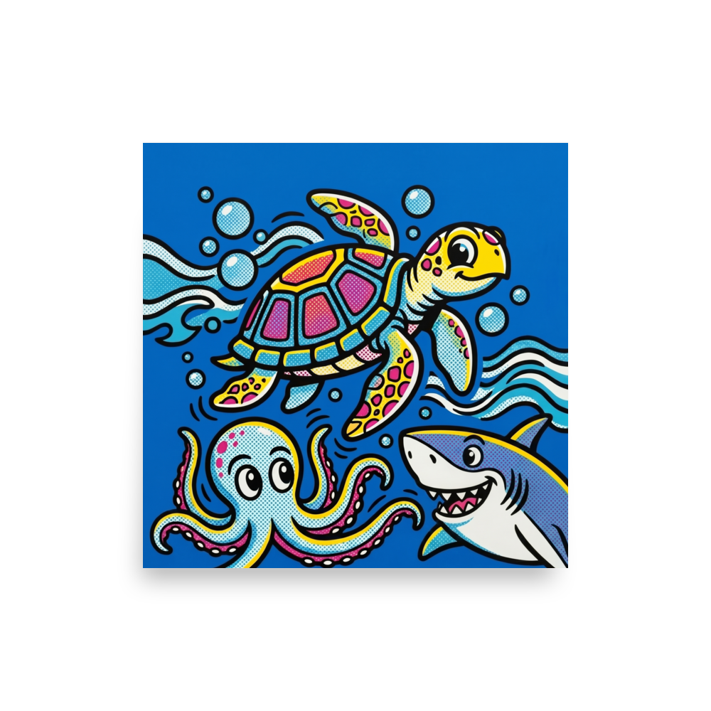 'Ocean Pop Symphony' — a Pop art print. A vibrant pop art illustration of a sea turtle, octopus, and shark swimming together, perfect as a bold statement piece for a Playroom.