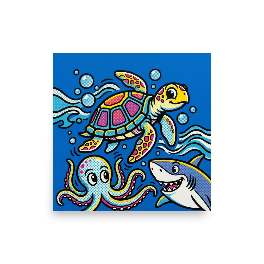 'Comic Aquatic Trio' — a Pop art print. Comic-style pop art featuring a smiling shark, colorful turtle, and spotted octopus against a bright blue background, excellent for a Bathroom or Playroom.