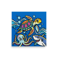 'Comic Aquatic Trio' — a Pop art print. Comic-style pop art featuring a smiling shark, colorful turtle, and spotted octopus against a bright blue background, excellent for a Bathroom or Playroom.