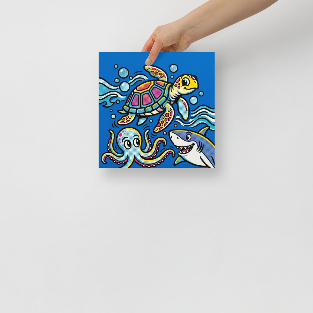 'Comic Aquatic Trio' — a Pop art print. Comic-style pop art featuring a smiling shark, colorful turtle, and spotted octopus against a bright blue background, excellent for a Bathroom or Playroom.