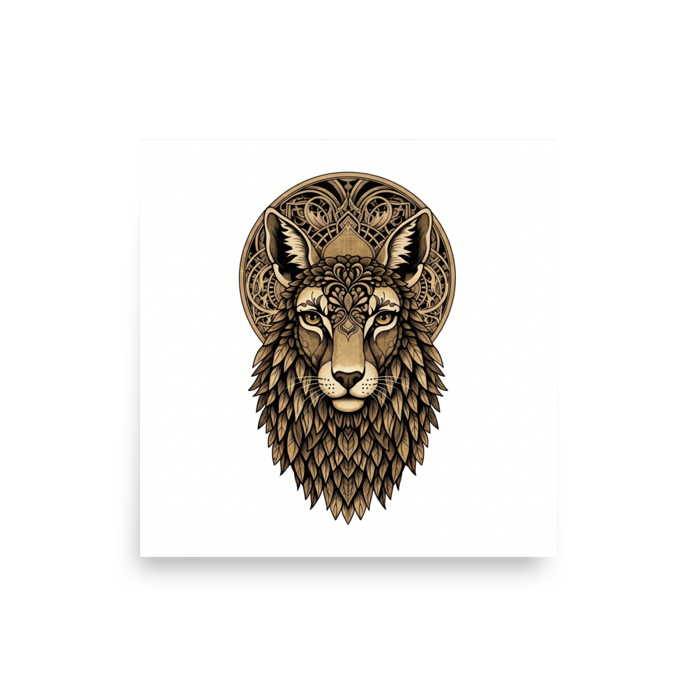'Golden Guardian' — a Art Deco print. An ornate golden illustration of a symmetrical animal face with decorative halo patterns, perfect for an Office setting.