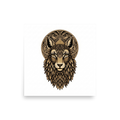'Golden Guardian' — a Art Deco print. An ornate golden illustration of a symmetrical animal face with decorative halo patterns, perfect for an Office setting.