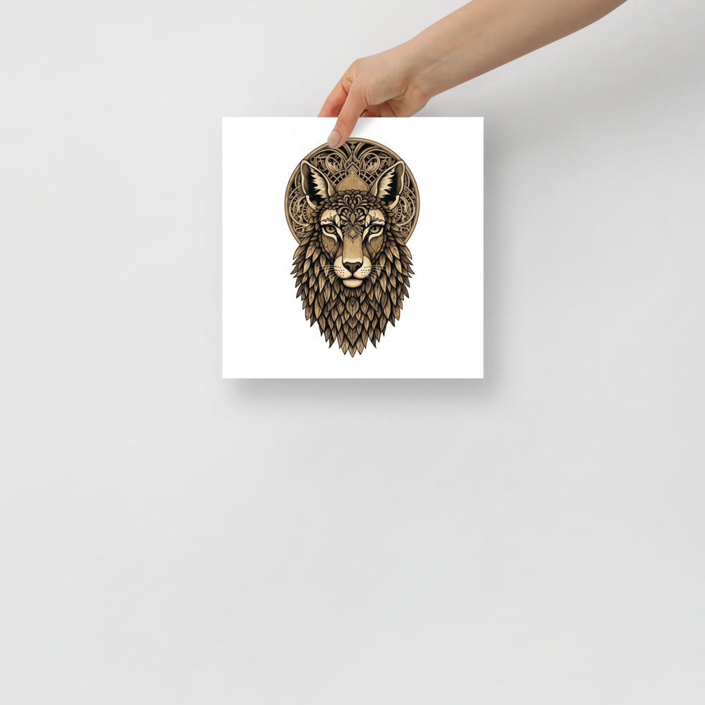 'Golden Guardian' — a Art Deco print. An ornate golden illustration of a symmetrical animal face with decorative halo patterns, perfect for an Office setting.