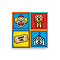 'Circus Quadrant' — a Pop art print. A four-panel pop art grid featuring a clown, popcorn, a ticket, and a circus tent in bright primary colors, ideal for a Home Theater.