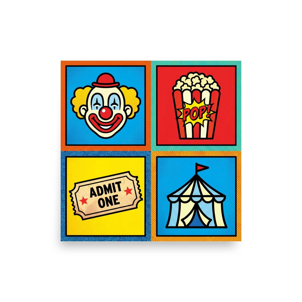 'Circus Quadrant' — a Pop art print. A four-panel pop art grid featuring a clown, popcorn, a ticket, and a circus tent in bright primary colors, ideal for a Home Theater.