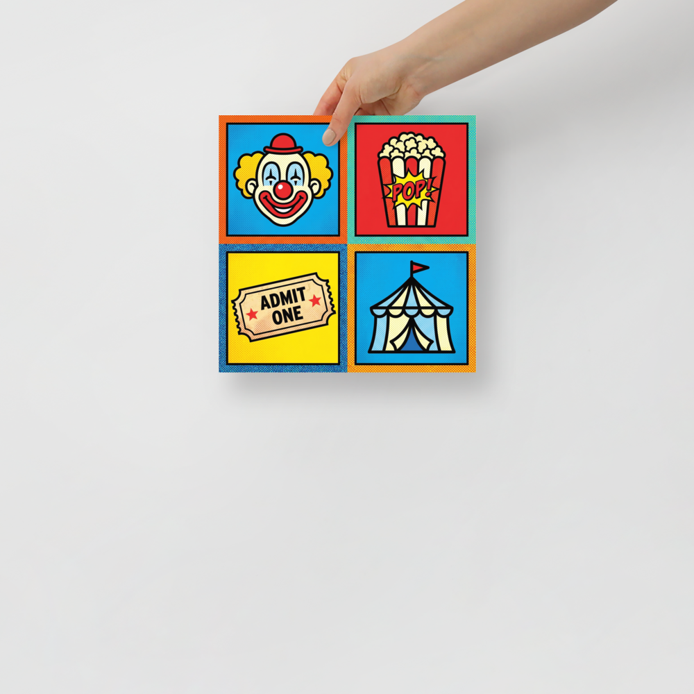 'Circus Quadrant' — a Pop art print. A four-panel pop art grid featuring a clown, popcorn, a ticket, and a circus tent in bright primary colors, ideal for a Home Theater.