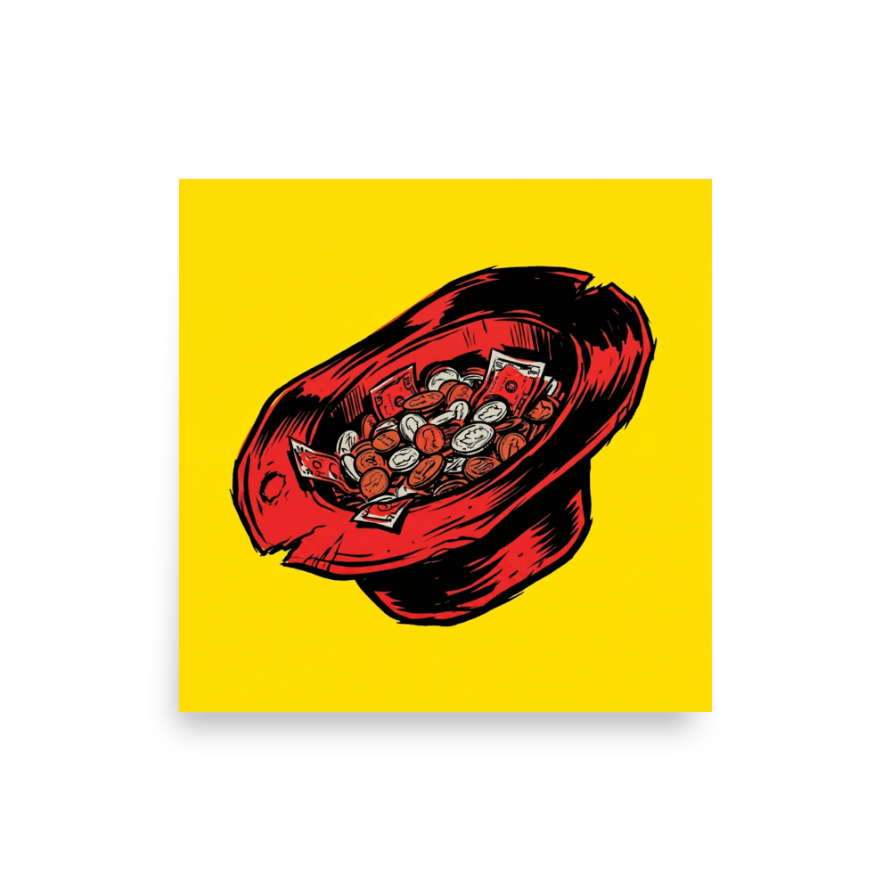 'The Busker's Fortune' — a Pop art print. A pop art illustration of an upside-down red top hat filled with money against a solid yellow background, perfect for a Man Cave.