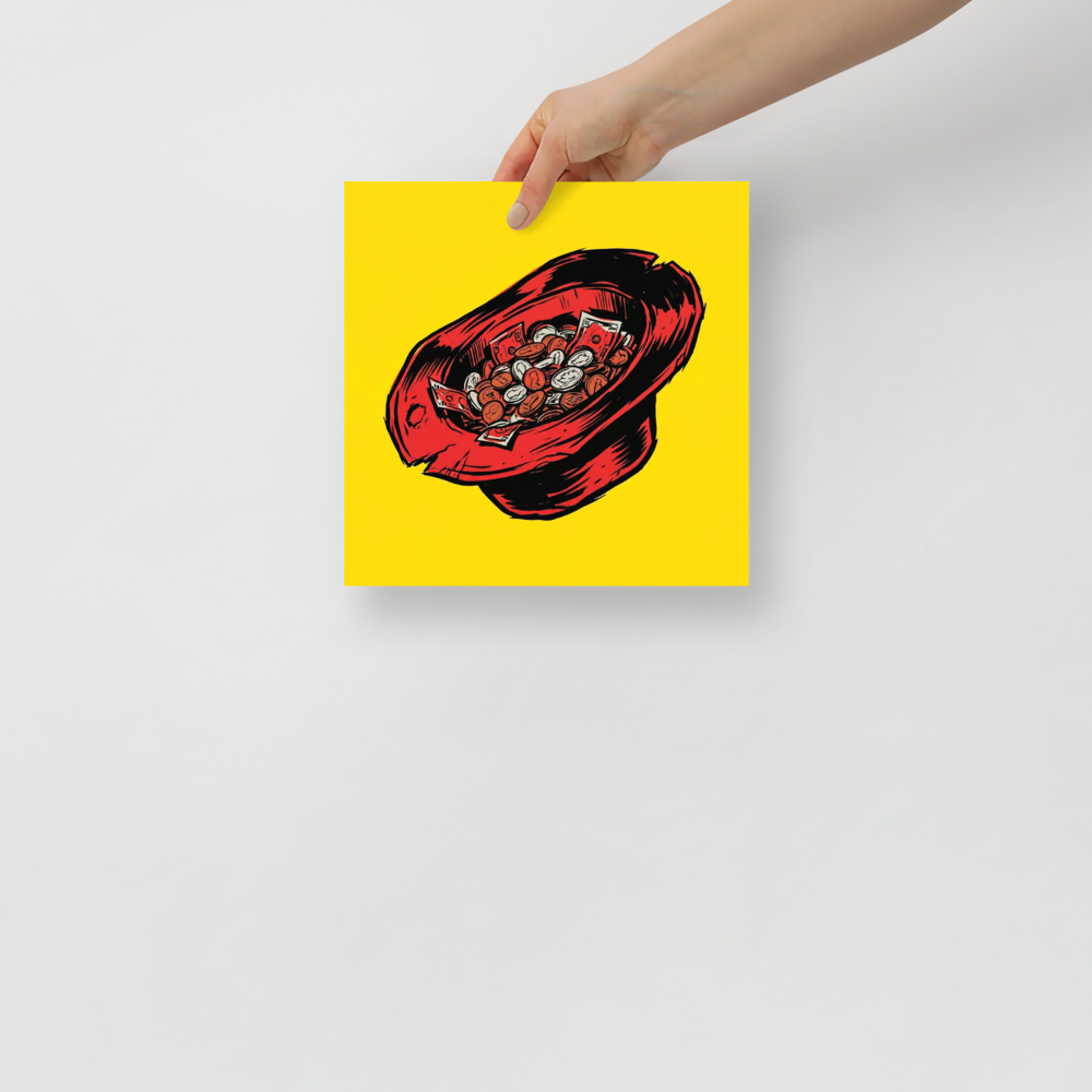 'The Busker's Fortune' — a Pop art print. A pop art illustration of an upside-down red top hat filled with money against a solid yellow background, perfect for a Man Cave.