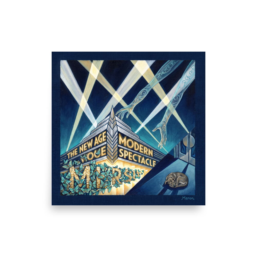 'The New Age Spectacle' — a Art Deco print. A surreal Art Deco painting featuring ethereal hands reaching through spotlights toward a bright theatre marquee covered in blue moths, with a sleeping dog nearby, perfect for a bold Living Room.
