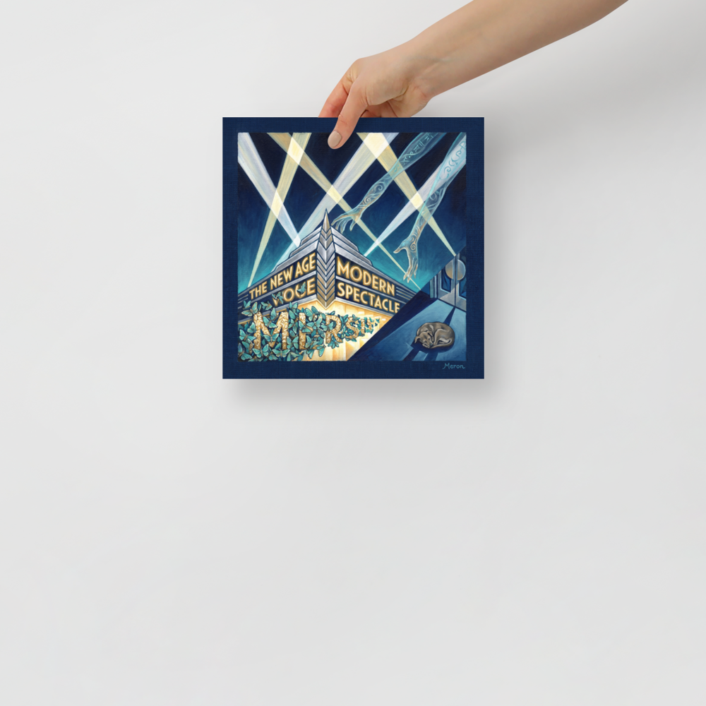 'The New Age Spectacle' — a Art Deco print. A surreal Art Deco painting featuring ethereal hands reaching through spotlights toward a bright theatre marquee covered in blue moths, with a sleeping dog nearby, perfect for a bold Living Room.