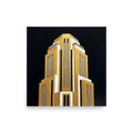 'Tower of the Jazz Age' — a Art Deco print. A textured painting of a soaring Art Deco skyscraper in bold gold, white, and silver against a pitch black background, ideal for an Office or Boardroom.