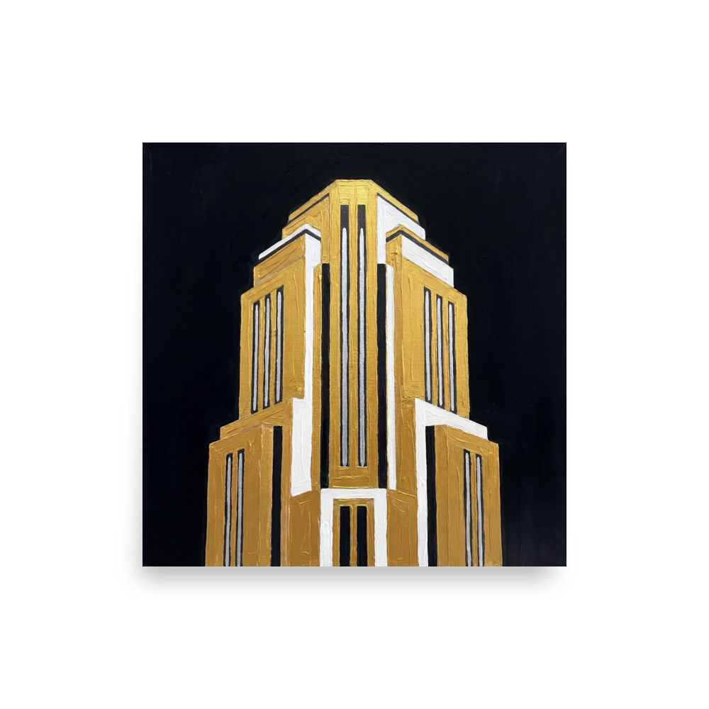 'Tower of the Jazz Age' — a Art Deco print. A textured painting of a soaring Art Deco skyscraper in bold gold, white, and silver against a pitch black background, ideal for an Office or Boardroom.