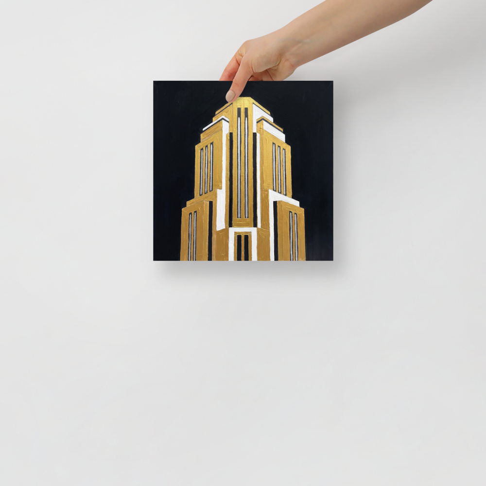 'Tower of the Jazz Age' — a Art Deco print. A textured painting of a soaring Art Deco skyscraper in bold gold, white, and silver against a pitch black background, ideal for an Office or Boardroom.