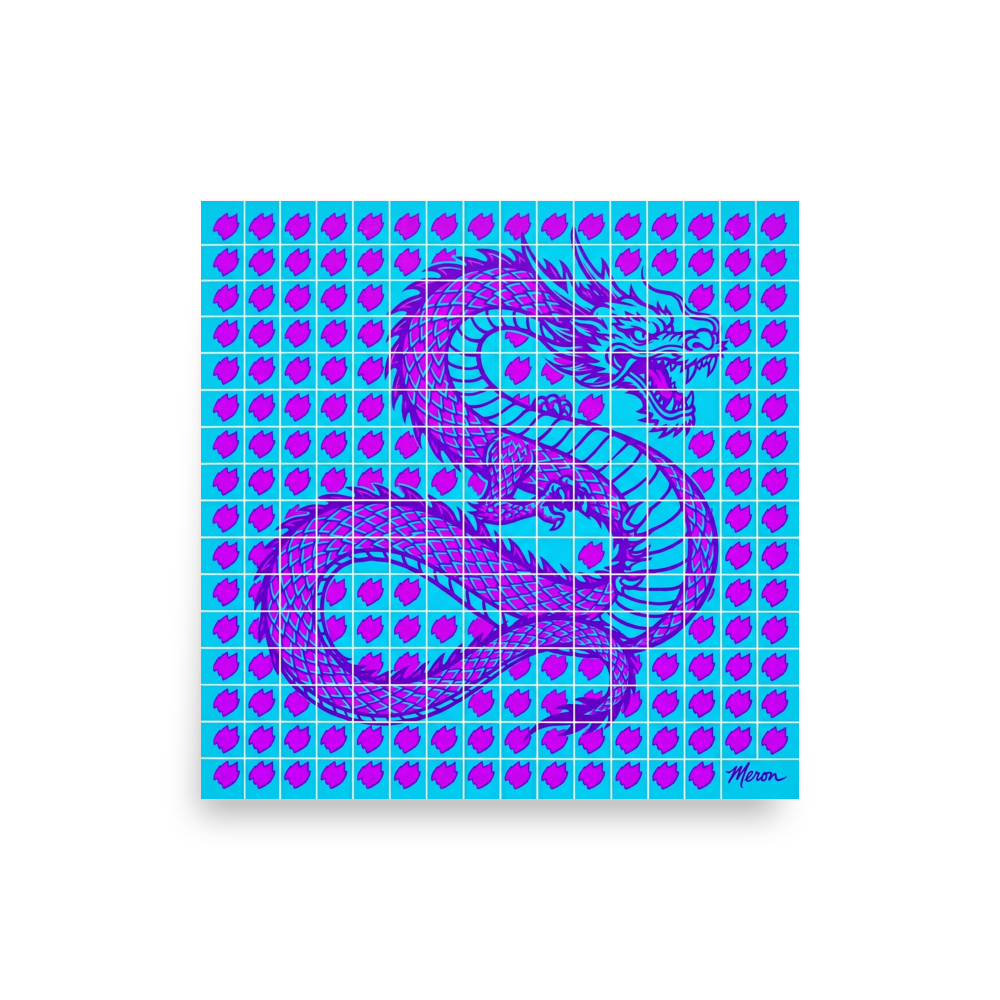 'Neon Dragon Grid' — a Pop art print. A vibrant cyan and purple Pop Art dragon overlaid on a grid, bringing a retro-futuristic feel to a Game Room.