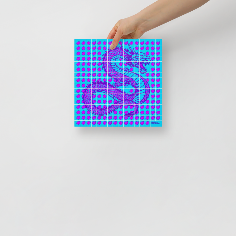'Neon Dragon Grid' — a Pop art print. A vibrant cyan and purple Pop Art dragon overlaid on a grid, bringing a retro-futuristic feel to a Game Room.