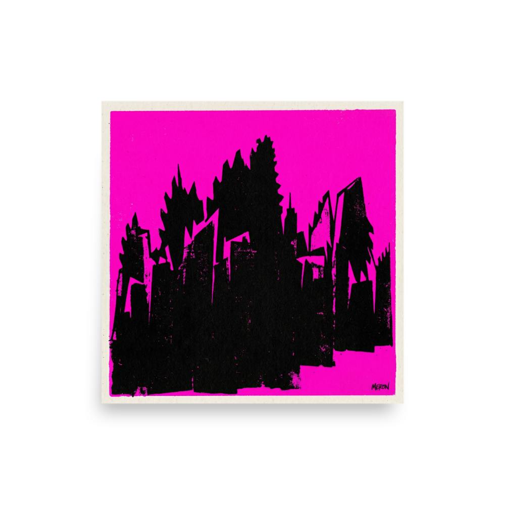 'Neon Urban Decay' — a Pop art print. A stark black cityscape silhouette on a bright magenta background, bringing raw energy to a Studio or Den / Snug.