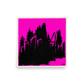 'Neon Urban Decay' — a Pop art print. A stark black cityscape silhouette on a bright magenta background, bringing raw energy to a Studio or Den / Snug.