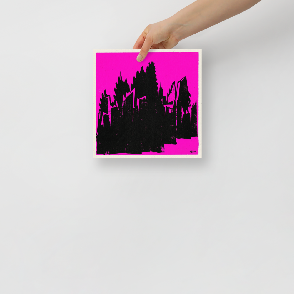 'Neon Urban Decay' — a Pop art print. A stark black cityscape silhouette on a bright magenta background, bringing raw energy to a Studio or Den / Snug.