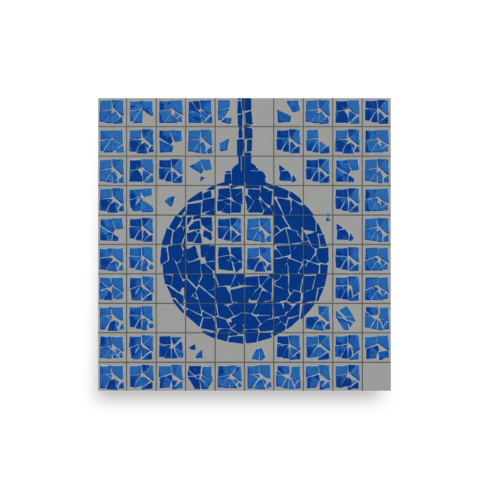 'Shattered Groove' — a Pop art print. A fragmented blue Pop Art disco ball mosaic on a gray background, adding a rebellious edge to a Home Bar / Cellar or Den / Snug.