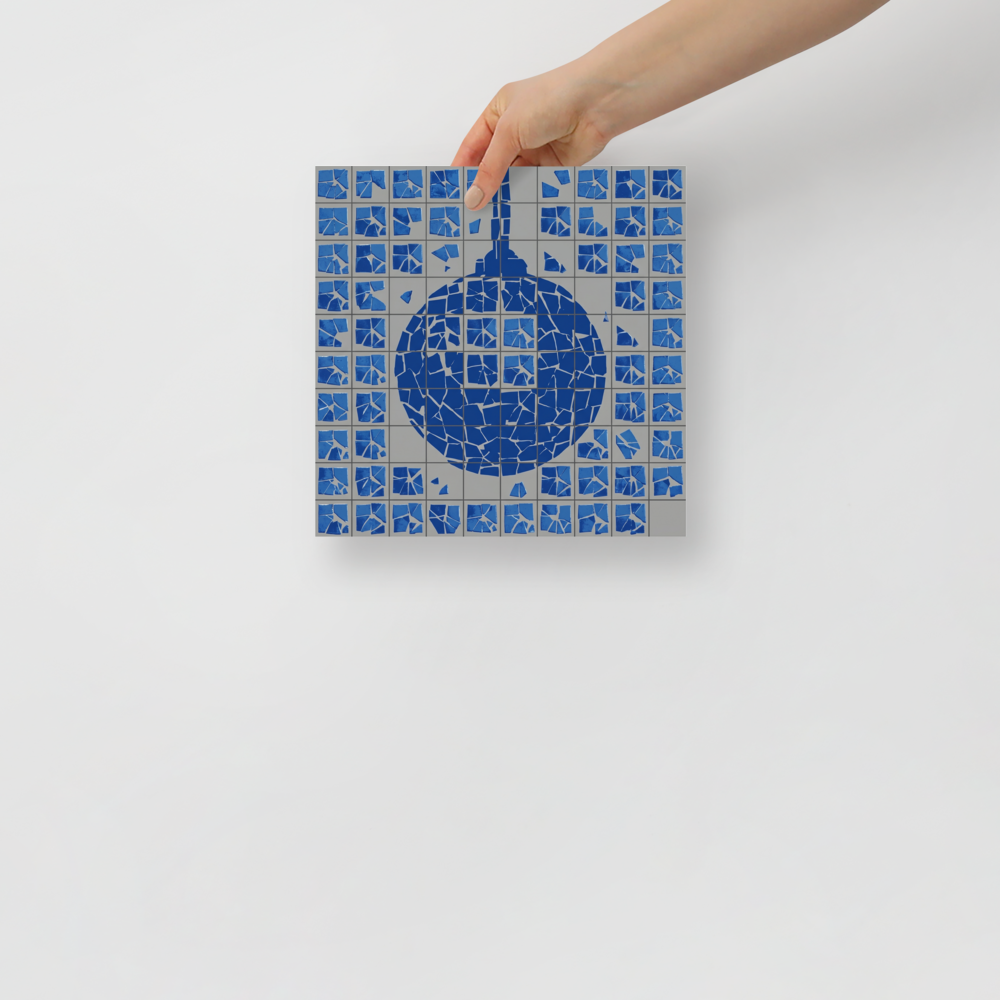 'Shattered Groove' — a Pop art print. A fragmented blue Pop Art disco ball mosaic on a gray background, adding a rebellious edge to a Home Bar / Cellar or Den / Snug.