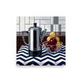 'The Morning Brew' — a Art Deco print. An Art Deco still life oil painting featuring a shiny metallic coffee pot and a bowl of fruit on a blue and white chevron tablecloth, ideal for a kitchen.