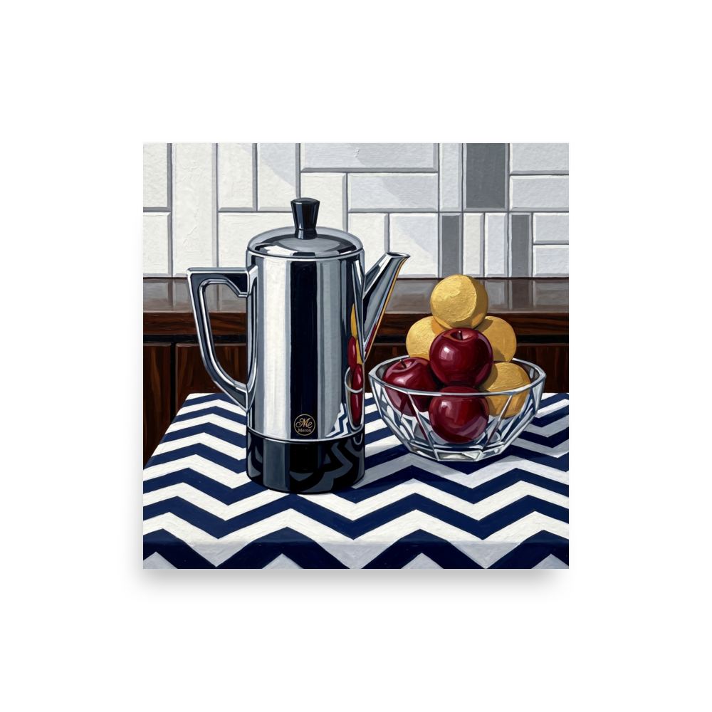 'The Morning Brew' — a Art Deco print. An Art Deco still life oil painting featuring a shiny metallic coffee pot and a bowl of fruit on a blue and white chevron tablecloth, ideal for a kitchen.