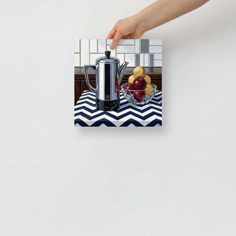 'The Morning Brew' — a Art Deco print. An Art Deco still life oil painting featuring a shiny metallic coffee pot and a bowl of fruit on a blue and white chevron tablecloth, ideal for a kitchen.