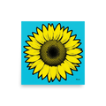 'Cyan Sunflower' — a Pop art print. A graphic pop art illustration of a bright yellow sunflower with halftone dot center on a cyan background, perfect for a cheerful sunroom.