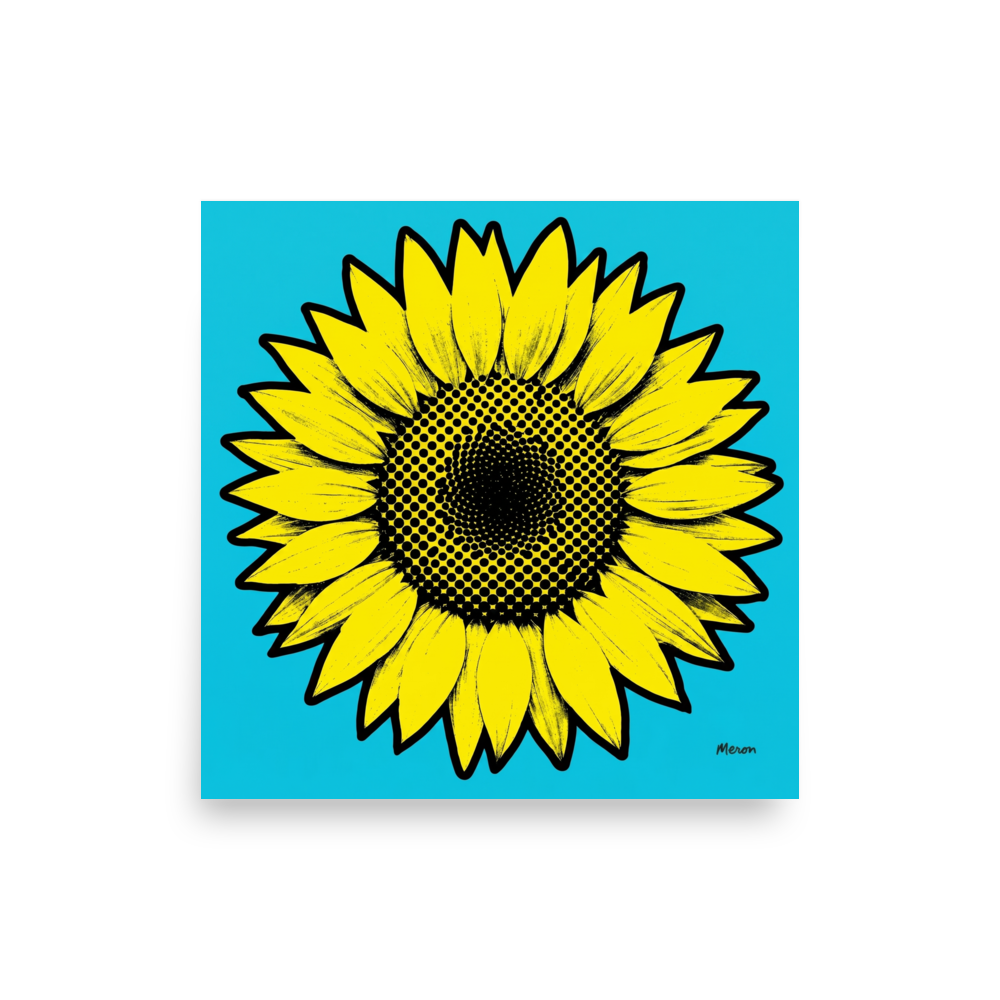 'Cyan Sunflower' — a Pop art print. A graphic pop art illustration of a bright yellow sunflower with halftone dot center on a cyan background, perfect for a cheerful sunroom.