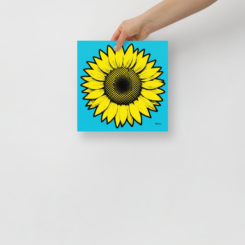 'Cyan Sunflower' — a Pop art print. A graphic pop art illustration of a bright yellow sunflower with halftone dot center on a cyan background, perfect for a cheerful sunroom.