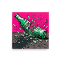 'Shattered Soda' — a Pop art print. A vibrant pop art illustration of a green soda bottle shattering and spilling on a gray surface against a bright pink background, perfect for a modern game room.