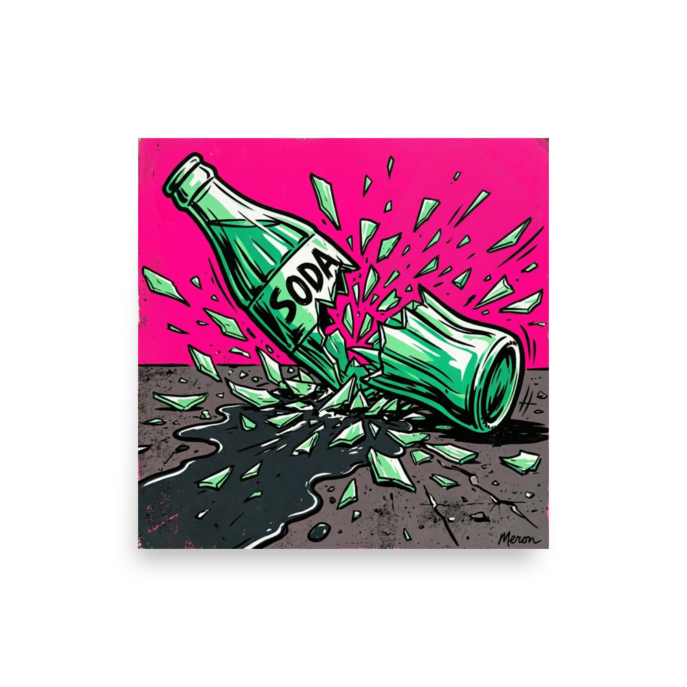 'Shattered Soda' — a Pop art print. A vibrant pop art illustration of a green soda bottle shattering and spilling on a gray surface against a bright pink background, perfect for a modern game room.