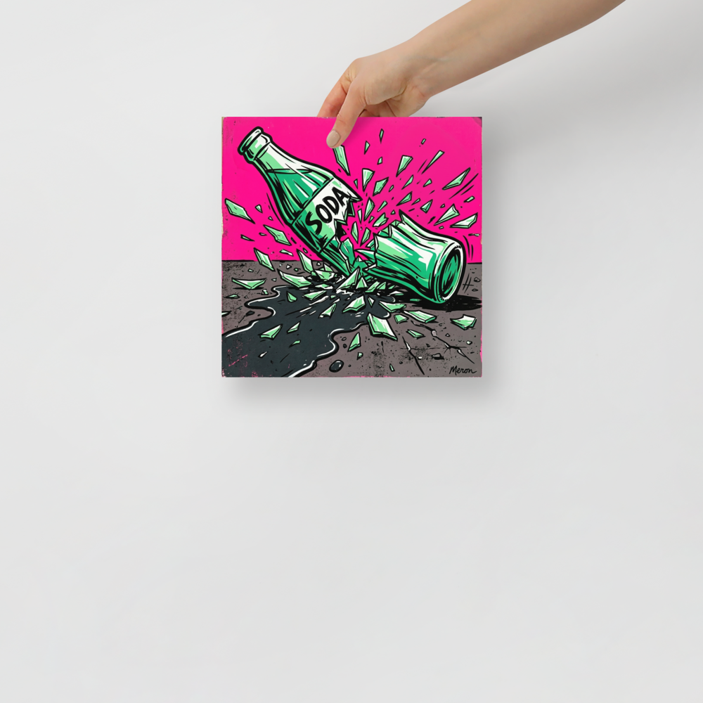 'Shattered Soda' — a Pop art print. A vibrant pop art illustration of a green soda bottle shattering and spilling on a gray surface against a bright pink background, perfect for a modern game room.