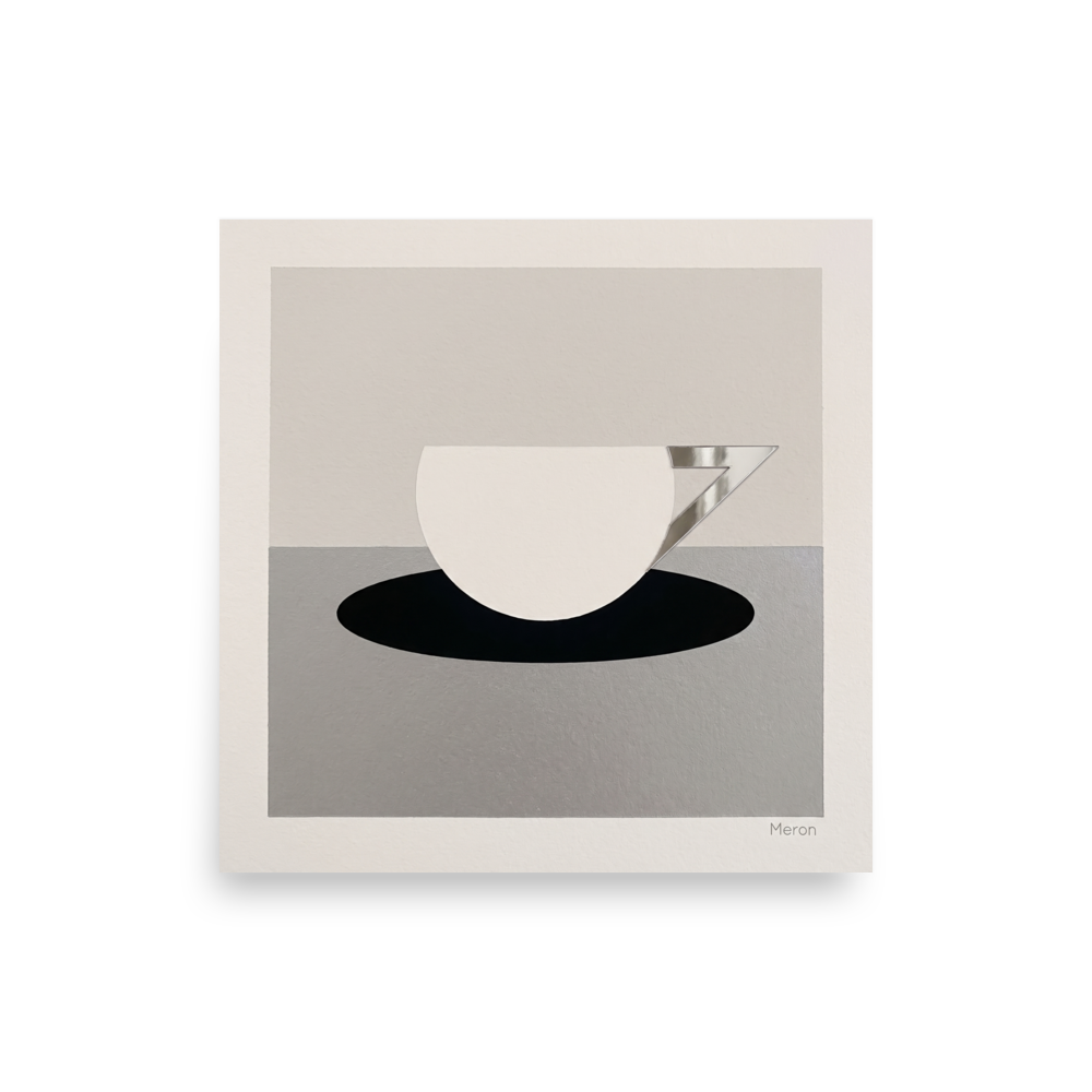 'The Abstract Cup' — a Art Deco print. A minimalist geometric painting of a white cup with an angular silver handle resting on a black oval, ideal for a modern kitchen.
