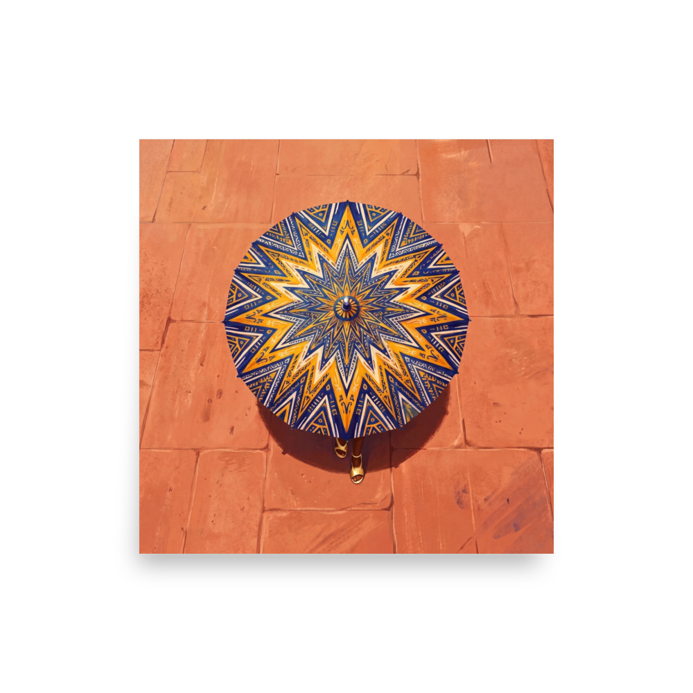 'The Patterned Parasol' — a Geometric abstract art,Figurative art print. Aerial overhead view of a woman walking with an intricate navy and yellow geometric parasol over warm terracotta pavement, ideal for Entryway wall art.