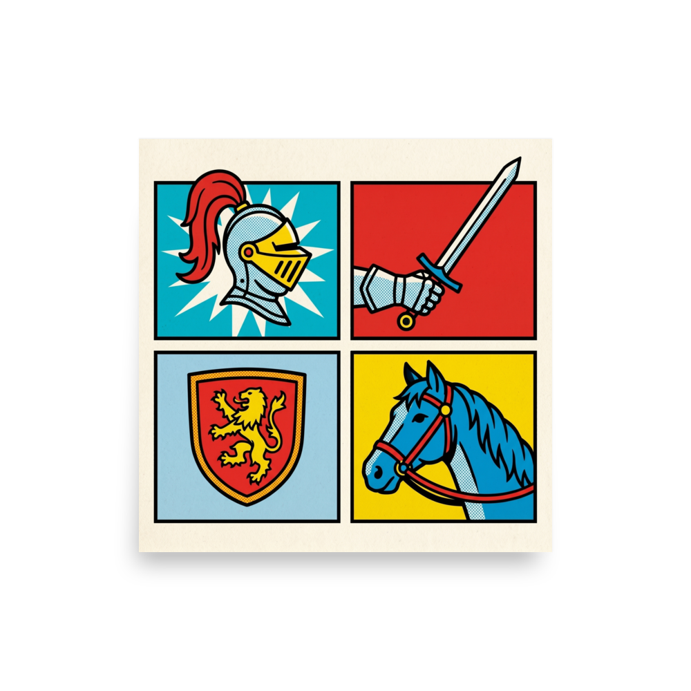 'Chivalric Pop Grid' — a Pop art print. A four-panel pop art illustration featuring a knight's helmet, an armored hand with a sword, a lion crest shield, and a horse, rendered in bright primary colors with halftone dots.