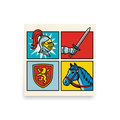 'Chivalric Pop Grid' — a Pop art print. A four-panel pop art illustration featuring a knight's helmet, an armored hand with a sword, a lion crest shield, and a horse, rendered in bright primary colors with halftone dots.