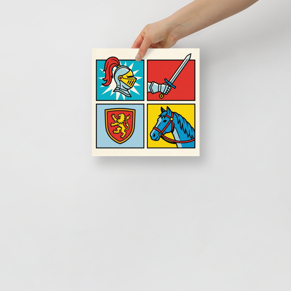 'Chivalric Pop Grid' — a Pop art print. A four-panel pop art illustration featuring a knight's helmet, an armored hand with a sword, a lion crest shield, and a horse, rendered in bright primary colors with halftone dots.