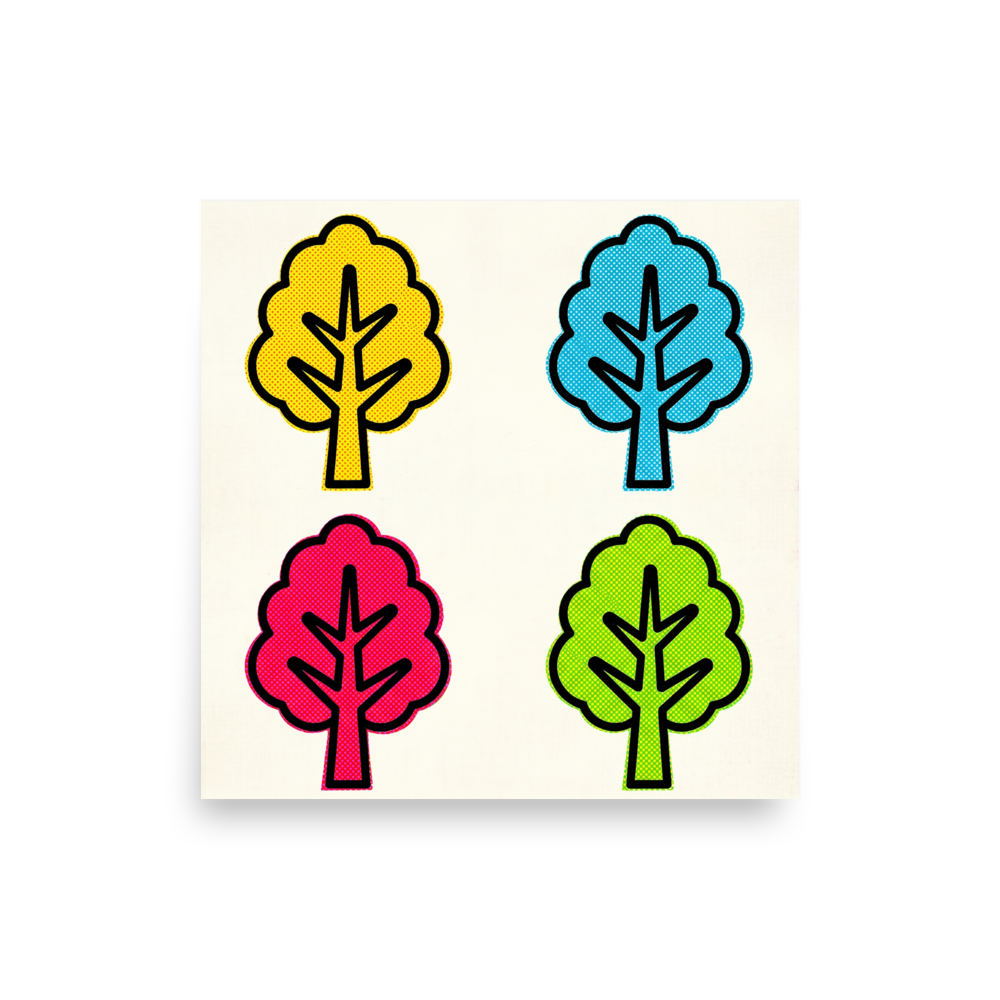 'Pop Art Forest Grid' — a Pop art print. A pop art illustration of four stylized trees in a grid, featuring bold black outlines and halftone dotted fills in yellow, blue, pink, and green against a light background.