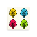 'Pop Art Forest Grid' — a Pop art print. A pop art illustration of four stylized trees in a grid, featuring bold black outlines and halftone dotted fills in yellow, blue, pink, and green against a light background.