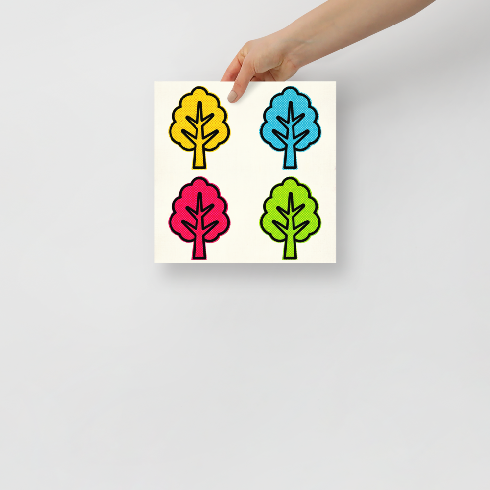'Pop Art Forest Grid' — a Pop art print. A pop art illustration of four stylized trees in a grid, featuring bold black outlines and halftone dotted fills in yellow, blue, pink, and green against a light background.