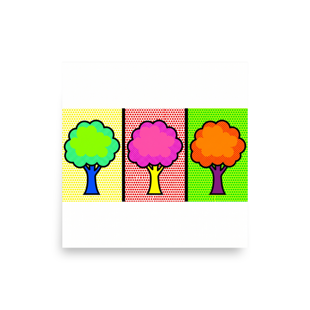 'Pop Art Canopy Triptych' — a Pop art print. A three-panel pop art illustration of stylized trees in bright green, pink, and orange, set against contrasting dotted backgrounds in yellow, red, and green.