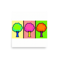 'Pop Art Canopy Triptych' — a Pop art print. A three-panel pop art illustration of stylized trees in bright green, pink, and orange, set against contrasting dotted backgrounds in yellow, red, and green.