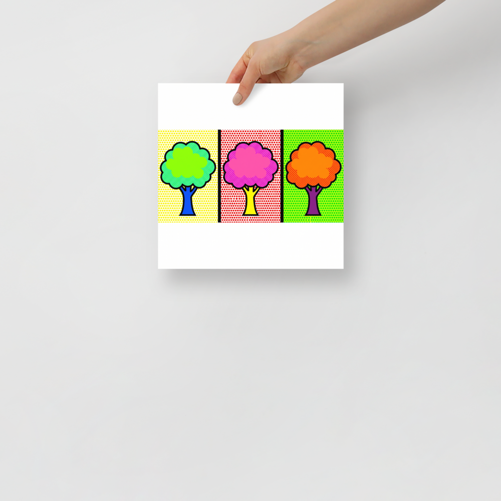 'Pop Art Canopy Triptych' — a Pop art print. A three-panel pop art illustration of stylized trees in bright green, pink, and orange, set against contrasting dotted backgrounds in yellow, red, and green.