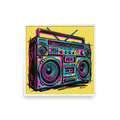 'Neon Boombox' — a Pop art print. A vibrant pop art sketch of a vintage boombox in cyan and magenta against a yellow background, ideal for a game room.