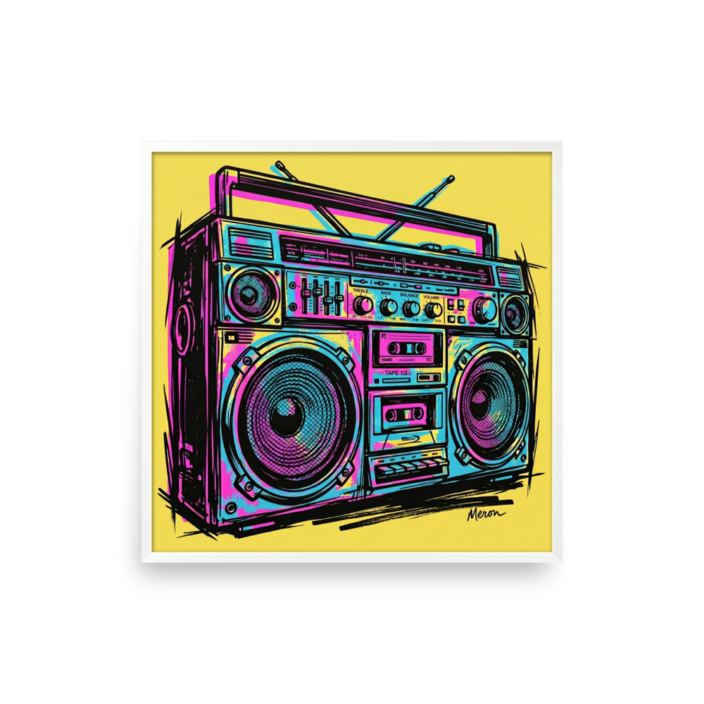 'Neon Boombox' — a Pop art print. A vibrant pop art sketch of a vintage boombox in cyan and magenta against a yellow background, ideal for a game room.