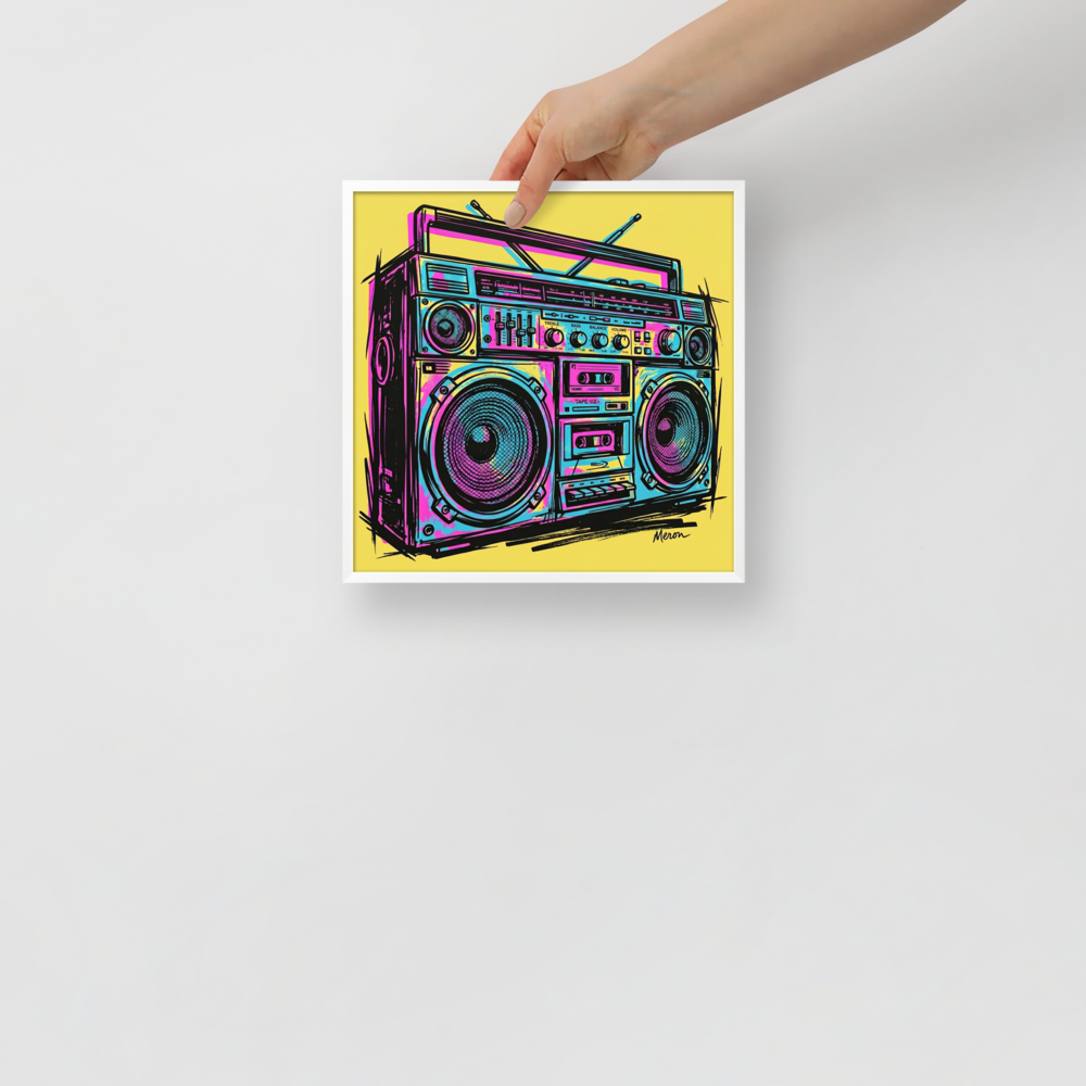 'Neon Boombox' — a Pop art print. A vibrant pop art sketch of a vintage boombox in cyan and magenta against a yellow background, ideal for a game room.