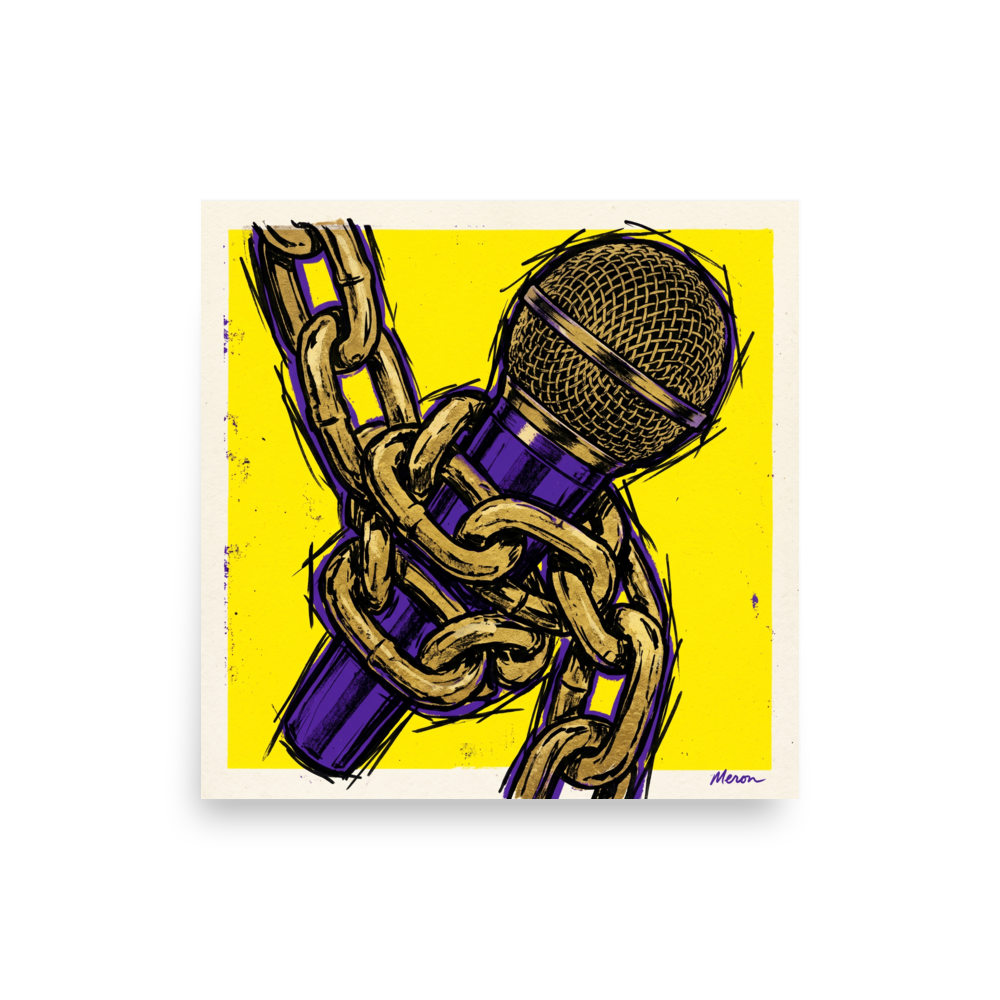 'Chained Mic' — a Pop art print. A bold pop art illustration of a purple microphone wrapped in a gold chain against a bright yellow background, ideal for a music studio.